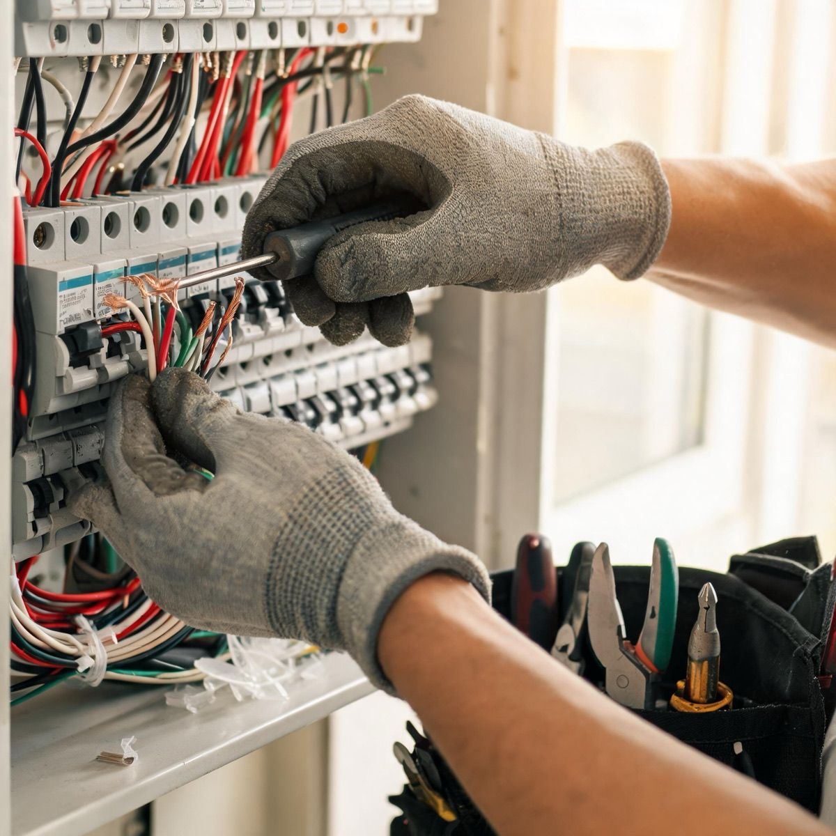 An electrician in work gloves wiring a new switchboard
