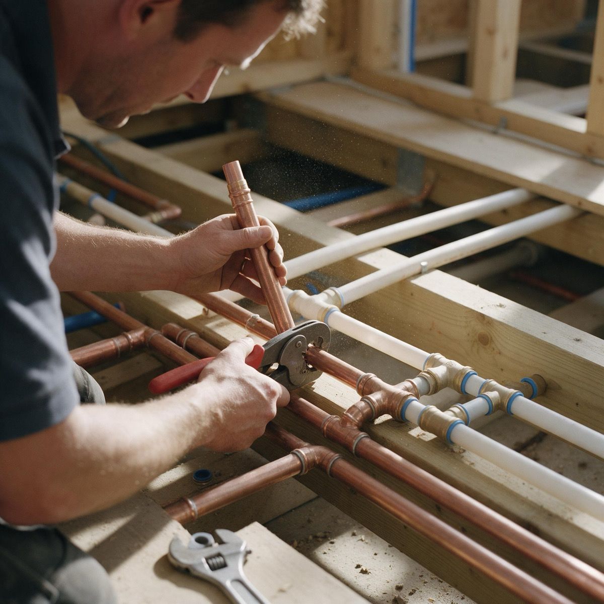 A plumber fitting copper pipes under a new build floor